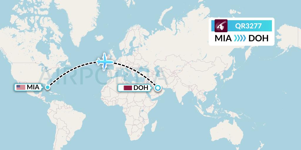 QR3277 Qatar Airways Flight Map: Miami to Doha