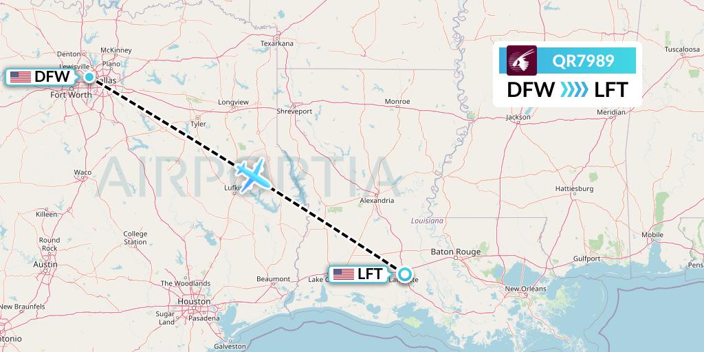 QR7989 Qatar Airways Flight Map: Dallas to Lafayette