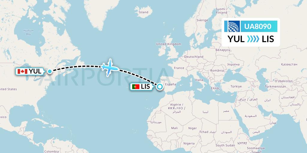 UA8090 United Airlines Flight Map: Montreal to Lisbon