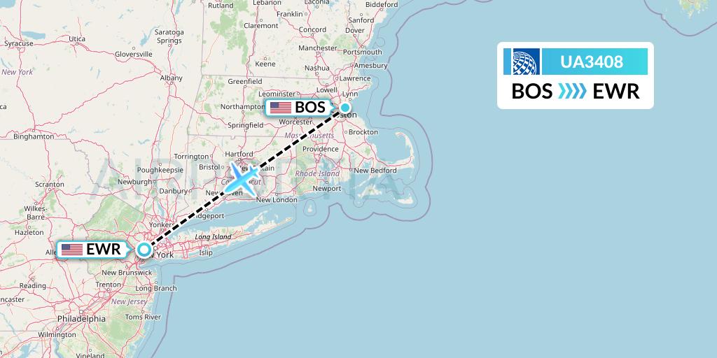 UA3408 United Airlines Flight Map: Boston to New York
