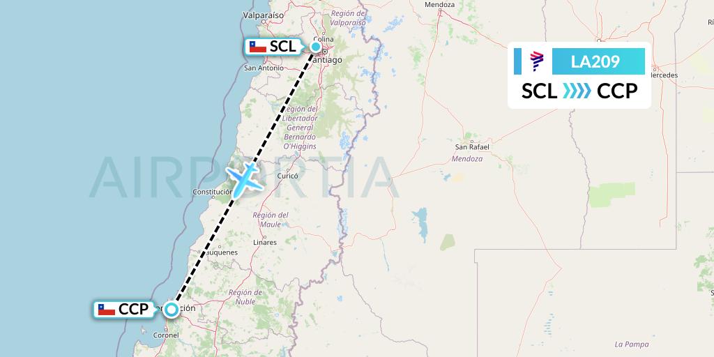 LA209 LAN Airlines Flight Map: Santiago to Concepcion