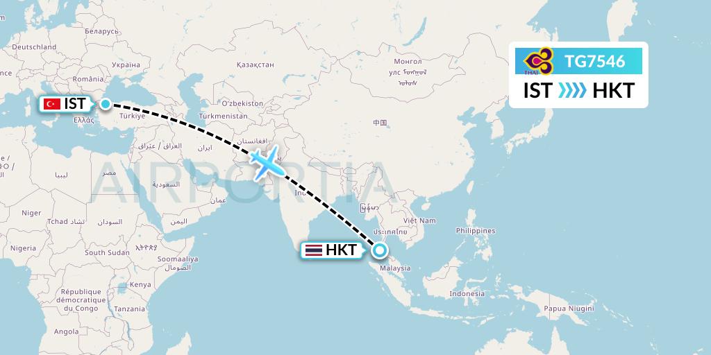 TG7546 Thai Airways Flight Map: Istanbul to Phuket