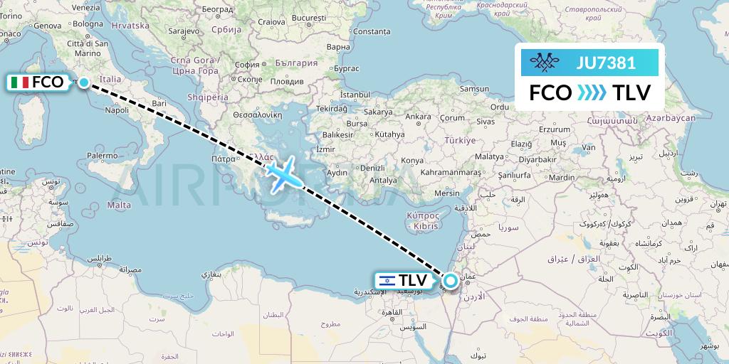 JU7381 AirSERBIA Flight Map: Rome to Tel Aviv