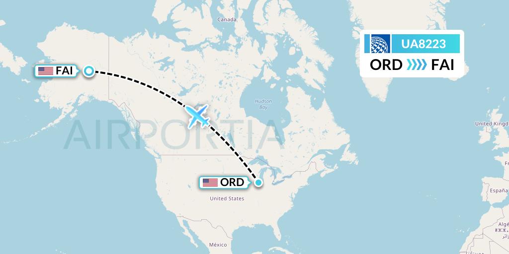 UA8223 United Airlines Flight Map: Chicago to Fairbanks