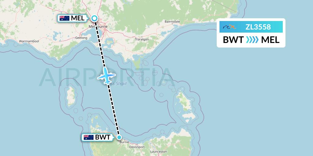 ZL3558 Regional Express Flight Map: Burnie to Melbourne