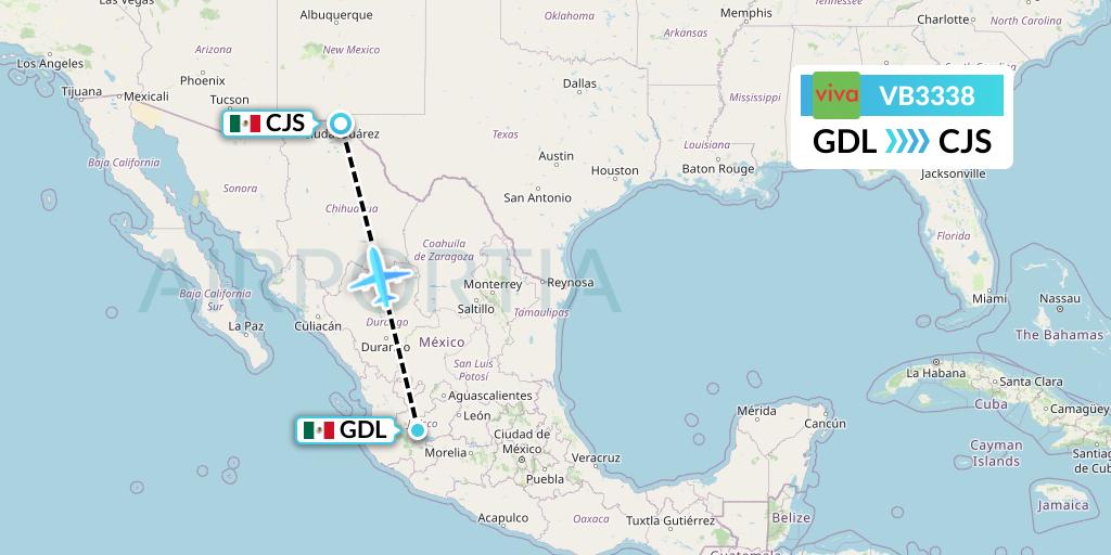 VB3338 VivaAerobus Flight Map: Guadalajara to Ciudad Juarez