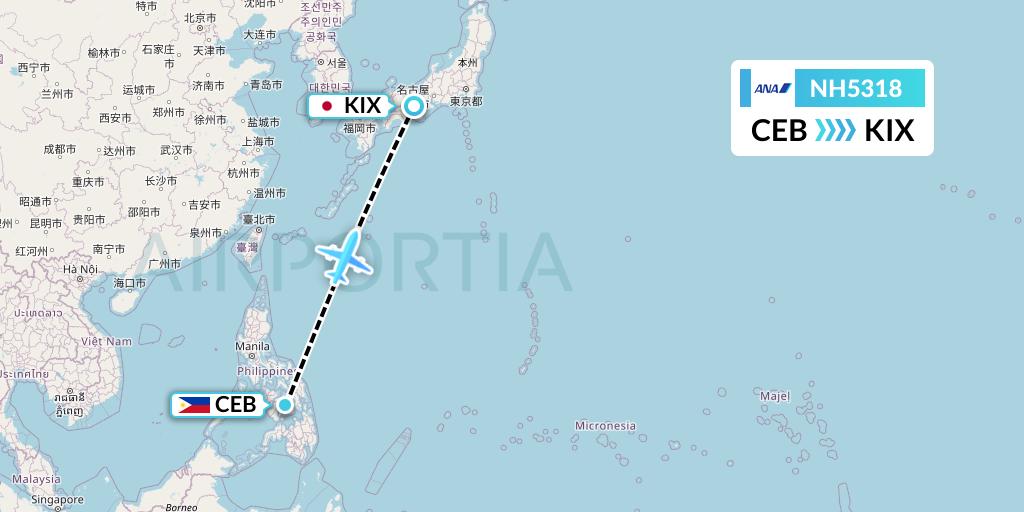NH5318 All Nippon Airways Flight Map: Cebu to Osaka