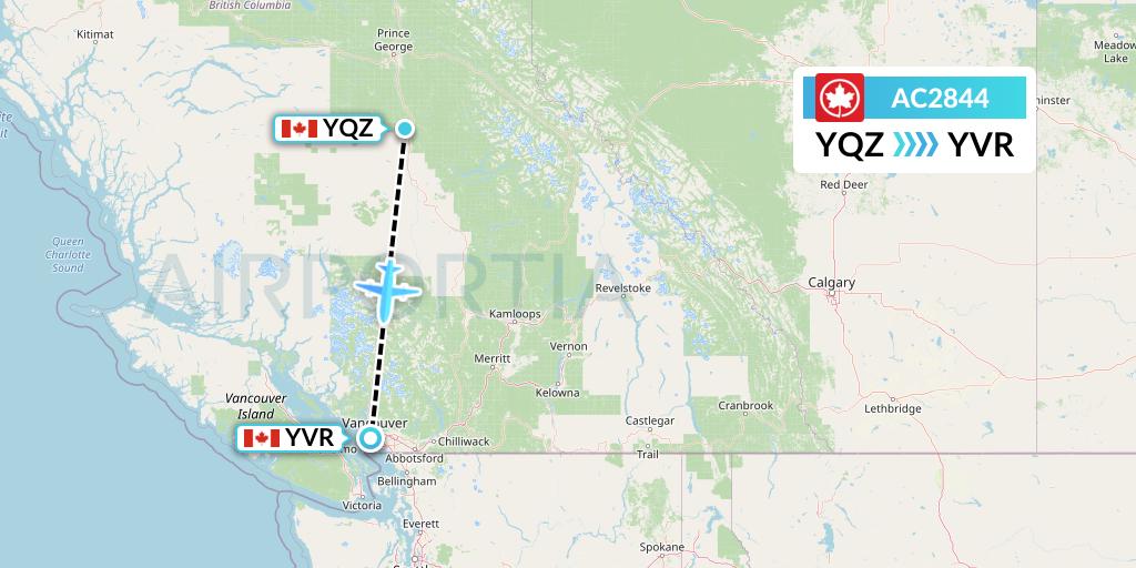 AC2844 Air Canada Flight Map: Quesnel to Vancouver