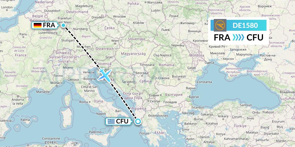 DE1580 Condor Flight Map: Frankfurt to Corfu