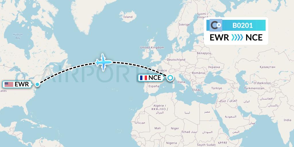 B0201 La Compagnie Flight Map: New York to Nice