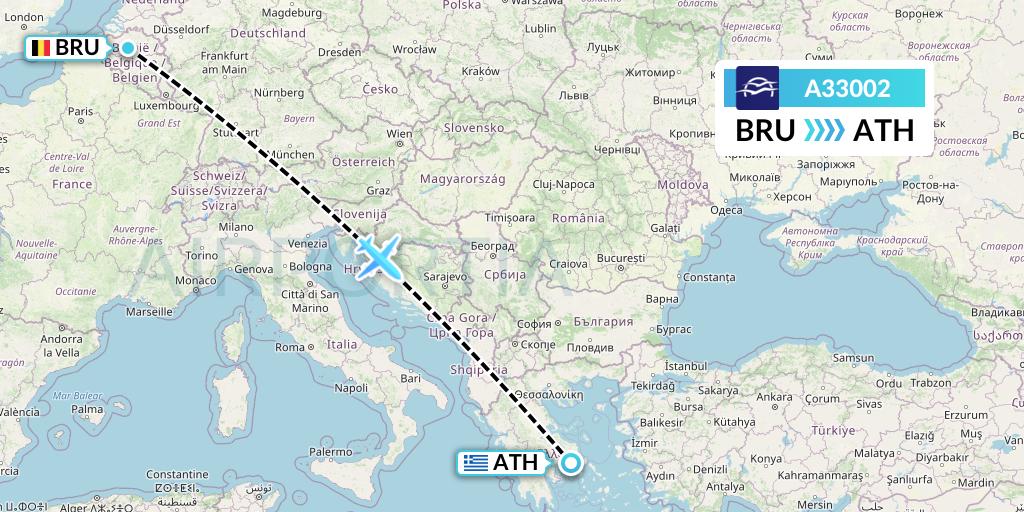 A33002 Aegean Airlines Flight Map: Brussels to Athens