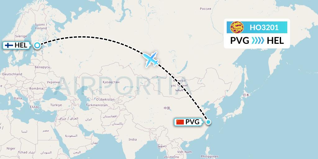HO3201 Juneyao Airlines Flight Map: Shanghai to Helsinki