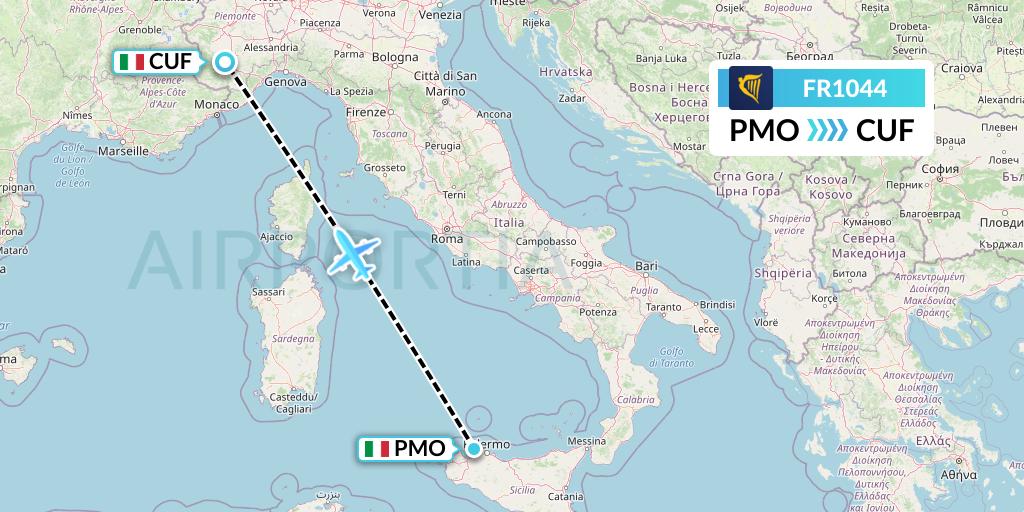 FR1044 Ryanair Flight Map: Palermo to Cuneo
