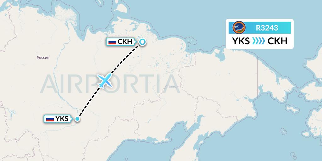 R3243 Yakutia Airlines Flight Map: Yakutsk to Chokurdah