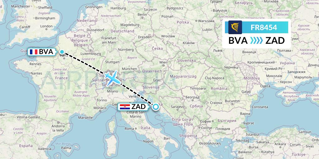 FR8454 Ryanair Flight Map: Paris to Zadar