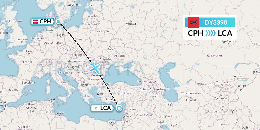 DY3390 Norwegian Flight Map: Copenhagen to Larnaca