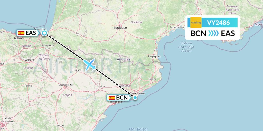 VY2486 Vueling Flight Map: Barcelona to San Sebastian