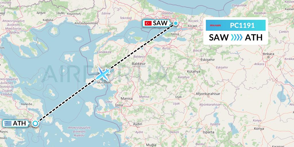 PC1191 Pegasus Airlines Flight Map: Istanbul to Athens