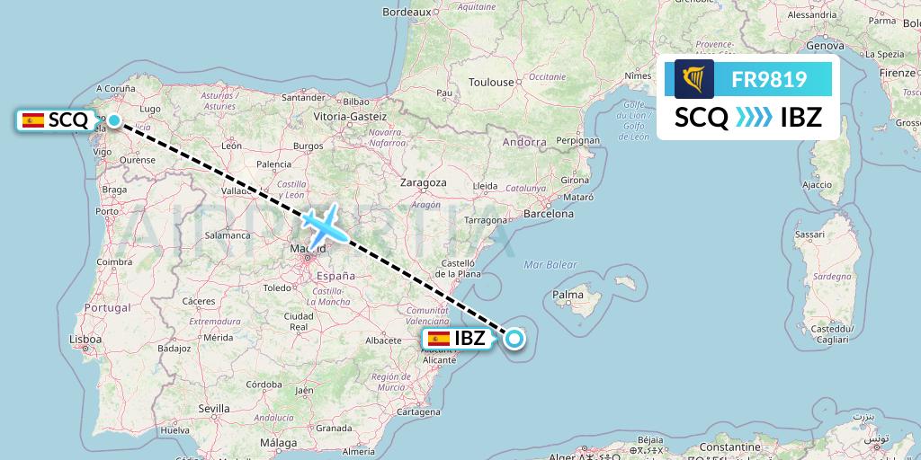 FR9819 Ryanair Flight Map: Santiago to Ibiza