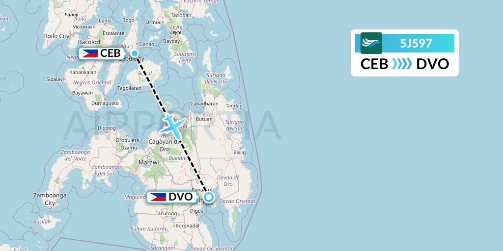 5J597 CEBU Pacific Air Flight Map: Cebu to Davao City