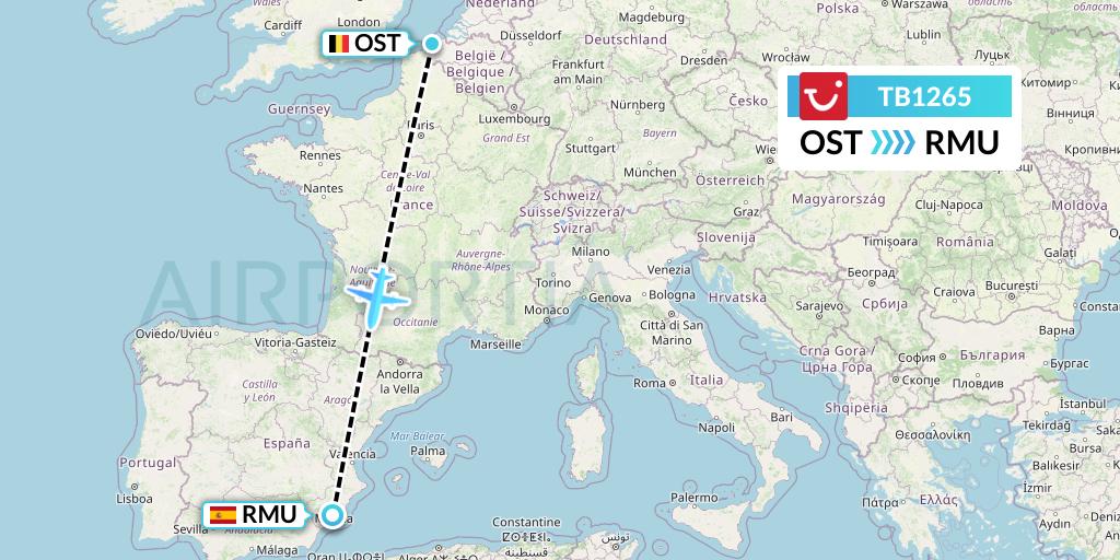 TB1265 TUI fly Belgium Flight Map: Ostend to Murcia