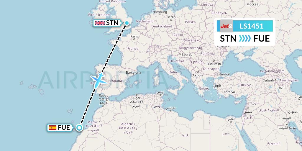 LS1451 Jet2 Flight Map: London to Fuerteventura