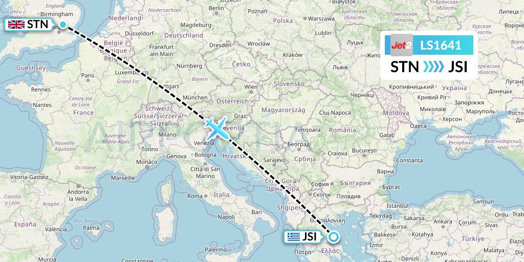 LS1641 Jet2 Flight Map: London to Skiathos