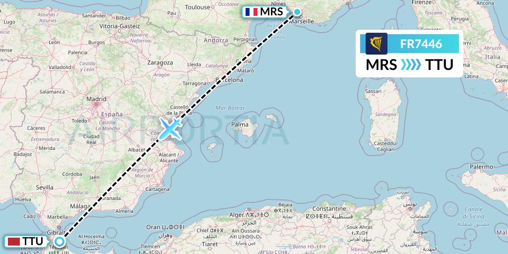 FR7446 Ryanair Flight Map: Marseille to Tetuan