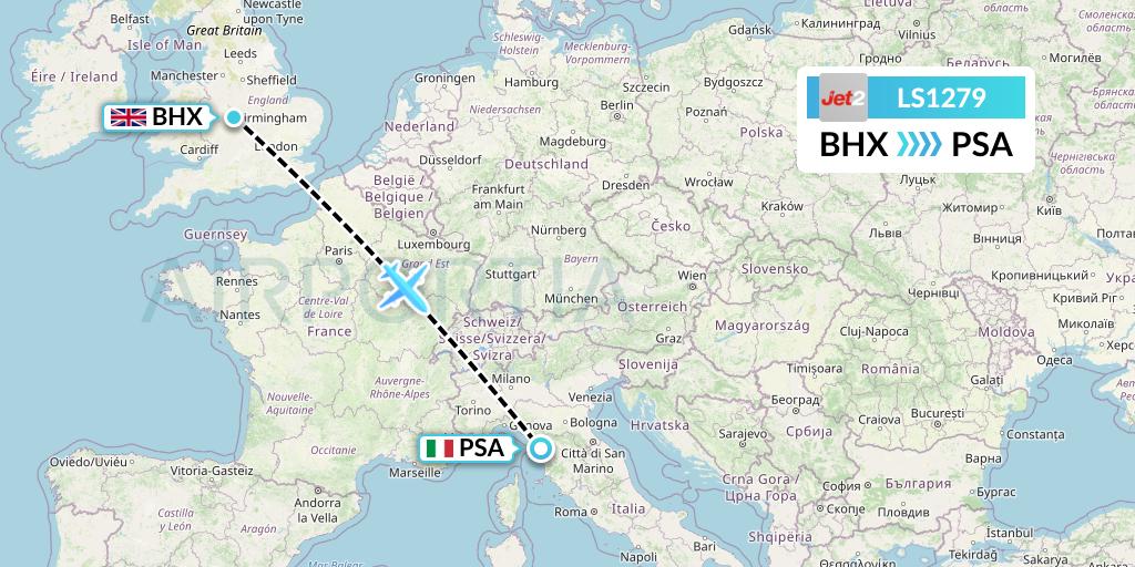 LS1279 Jet2 Flight Map: Birmingham to Pisa