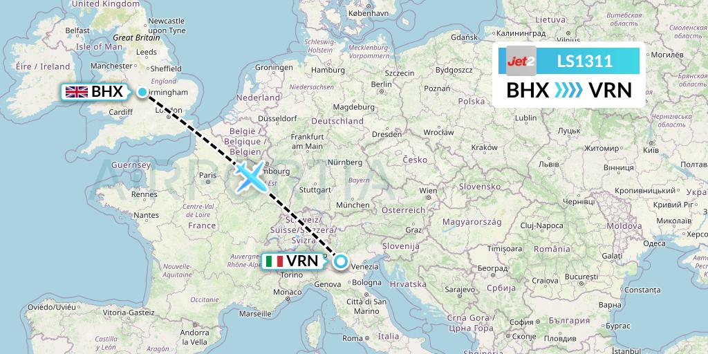 LS1311 Jet2 Flight Map: Birmingham to Verona