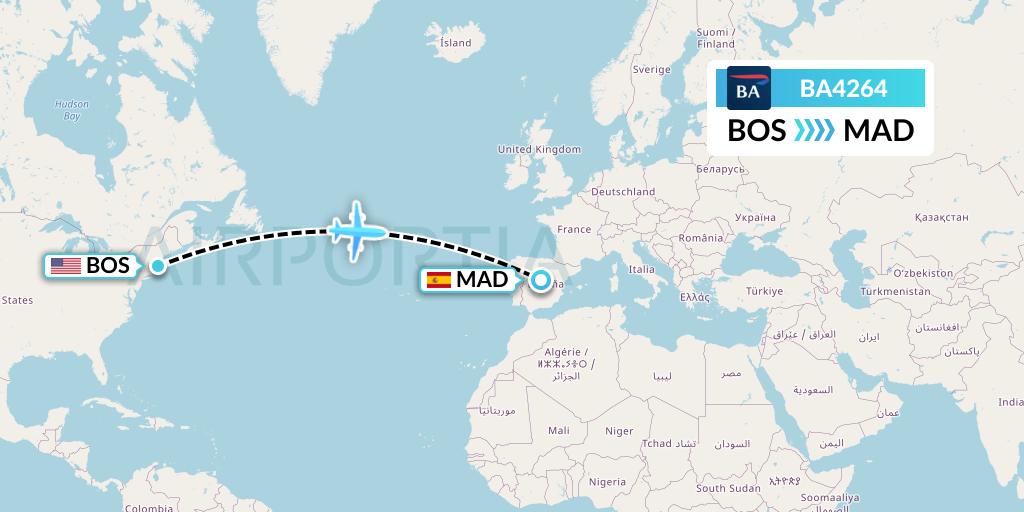 BA4264 British Airways Flight Map: Boston to Madrid