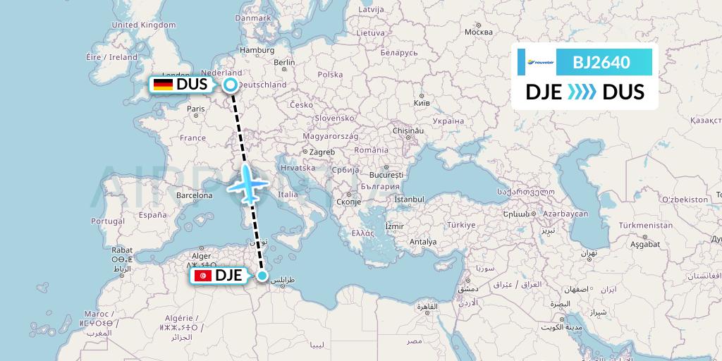 BJ2640 Nouvelair Tunisie Flight Map: Djerba to Dusseldorf