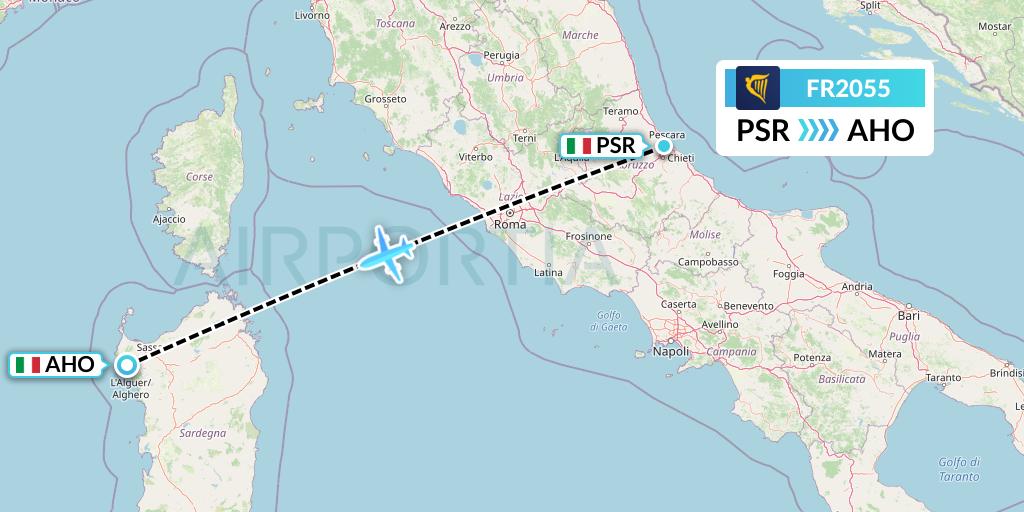 FR2055 Ryanair Flight Map: Pescara to Alghero