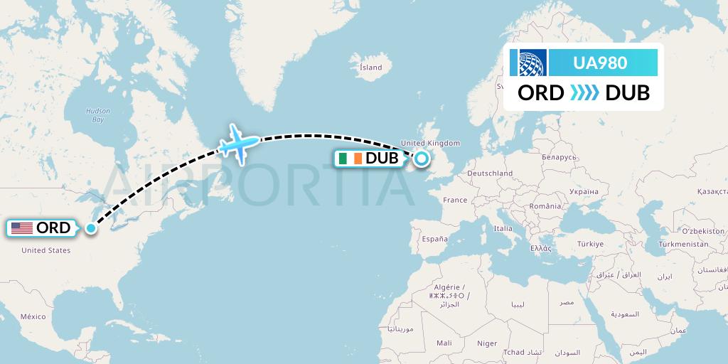 UA980 United Airlines Flight Map: Chicago to Dublin
