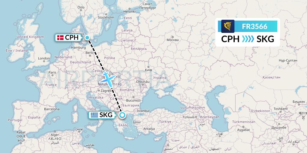 FR3566 Ryanair Flight Map: Copenhagen to Thessaloniki