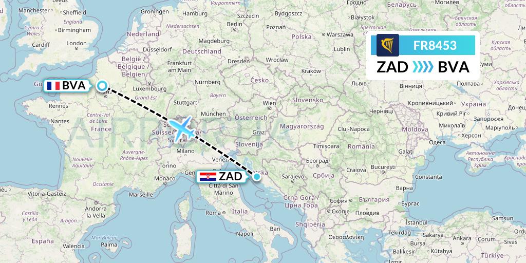 FR8453 Ryanair Flight Map: Zadar to Paris