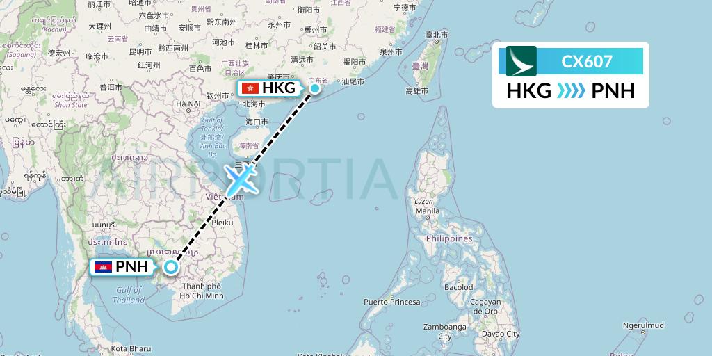 CX607 Cathay Pacific Flight Map: Hong Kong to Phnom Penh