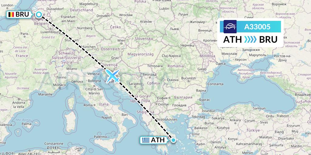A33005 Aegean Airlines Flight Map: Athens to Brussels