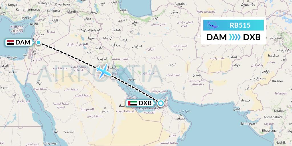 RB515 Syrian Air Flight Map: Damascus to Dubai