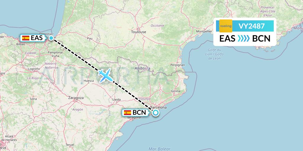 VY2487 Vueling Flight Map: San Sebastian to Barcelona