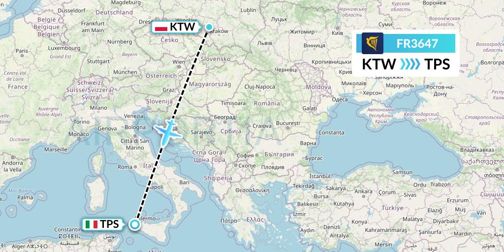 FR3647 Ryanair Flight Map: Katowice to Trapani