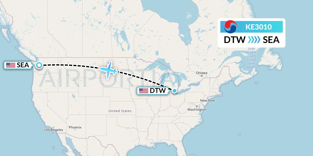 KE3010 Korean Air Flight Map: Detroit to Seattle