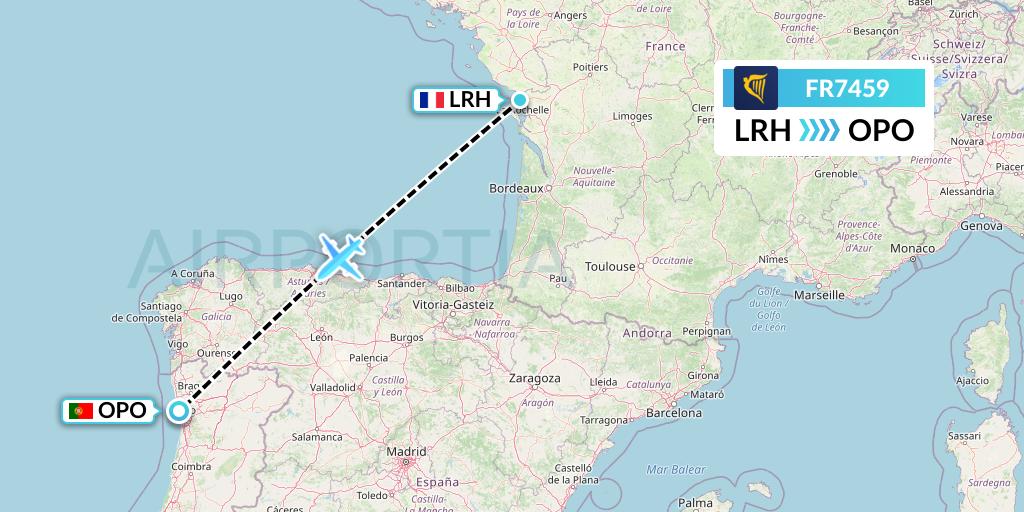 FR7459 Ryanair Flight Map: La Rochelle to Porto