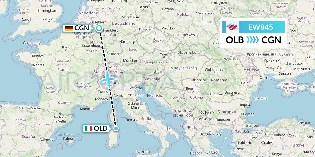 EW845 Eurowings Flight Map: Olbia to Cologne