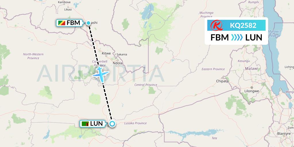 KQ2582 Kenya Airways Flight Map: Lubumbashi to Lusaka