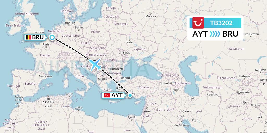 TB3202 TUI fly Belgium Flight Map: Antalya to Brussels