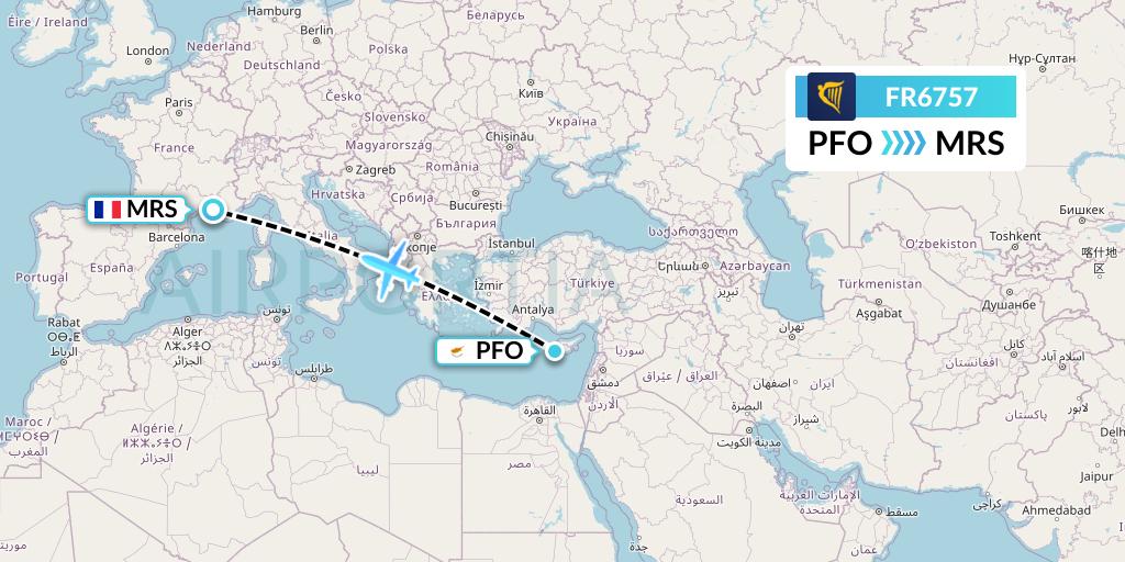 FR6757 Ryanair Flight Map: Pafos to Marseille