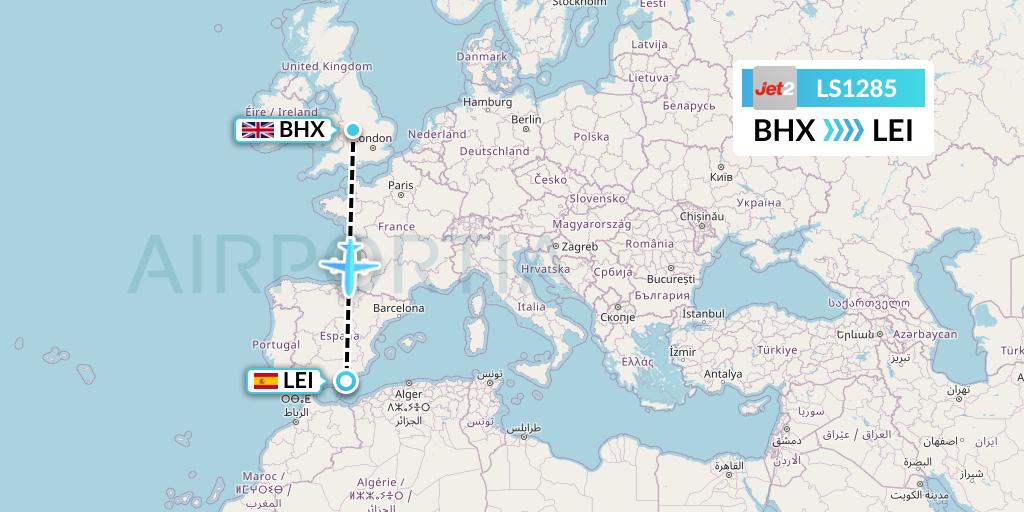 LS1285 Jet2 Flight Map: Birmingham to Almeria
