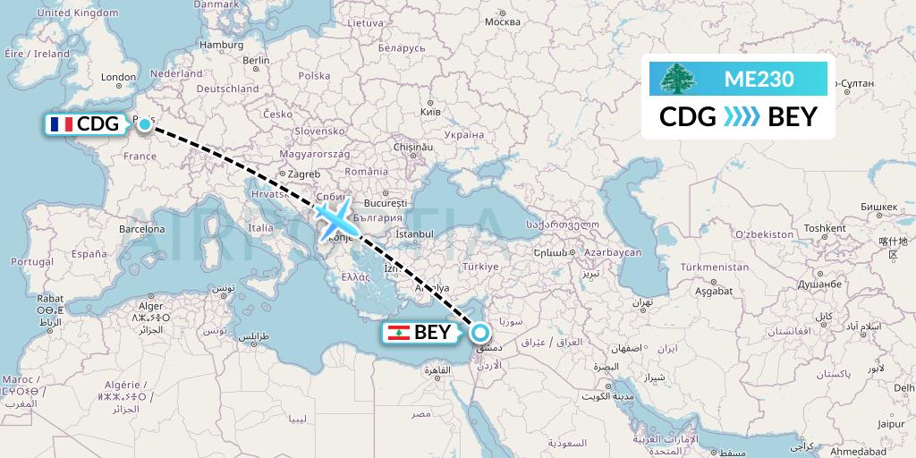 ME230 MEA Flight Map: Paris to Beirut