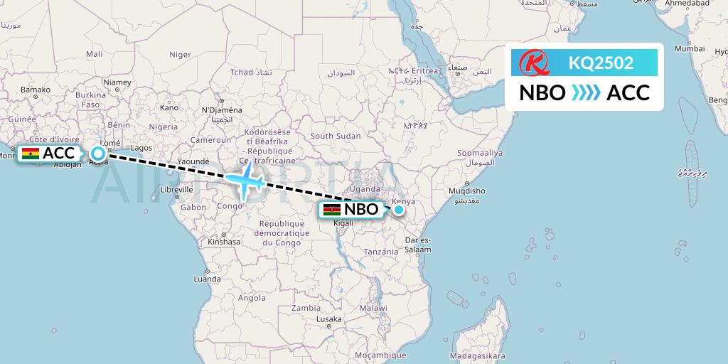 KQ2502 Kenya Airways Flight Map: Nairobi to Accra